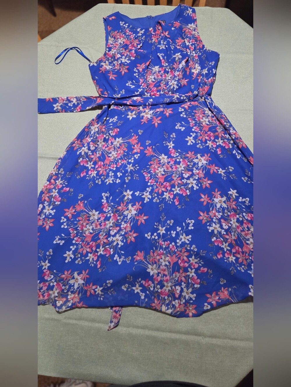 Blue Floral Sundress with Pink & White Blossoms